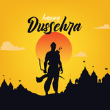 Happy Dussehra text with an illustration of Lord Rama and temple background for Indian festival Dussehra banner, template, card design