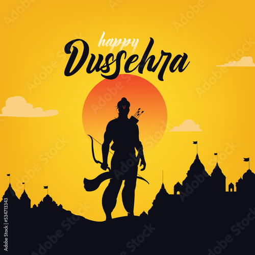 Happy Dussehra text with an illustration of Lord Rama and temple background for Indian festival Dussehra banner, template, card design © Tiny Art Studio