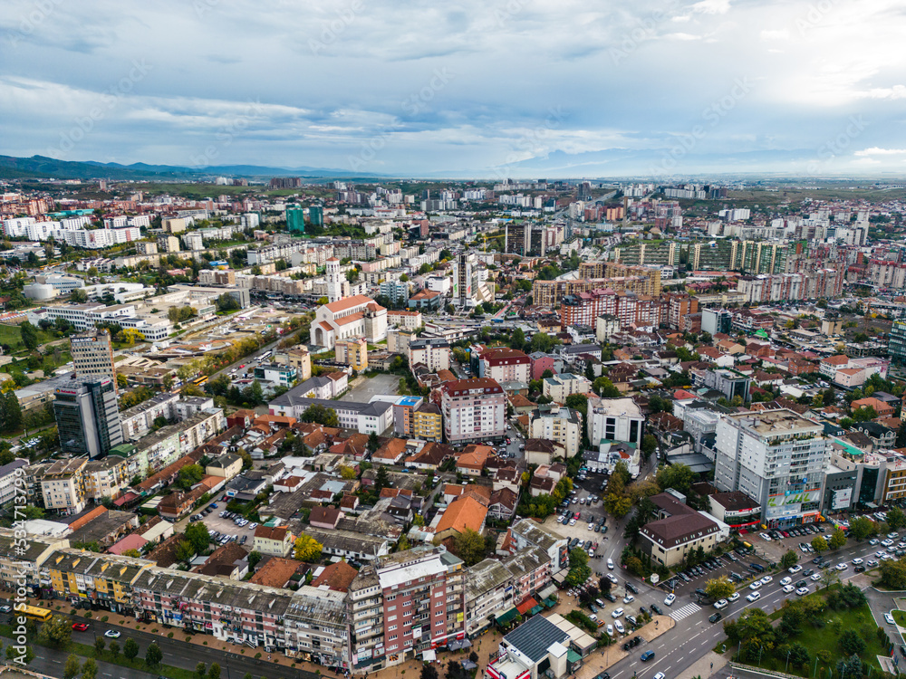 Pristina Modern City Center and Residential Buildings. Aerial View over Capital of Kosovo. Balkans. Europe. 