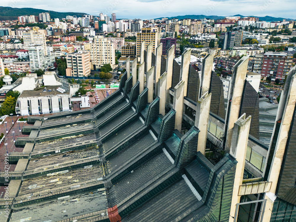 Fototapeta premium Pristina Modern City Center and Residential Buildings. Aerial View over Capital of Kosovo. Balkans. Europe. 