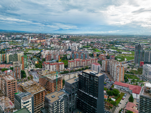 Pristina Modern City Center and Residential Buildings. Aerial View over Capital of Kosovo. Balkans. Europe. 