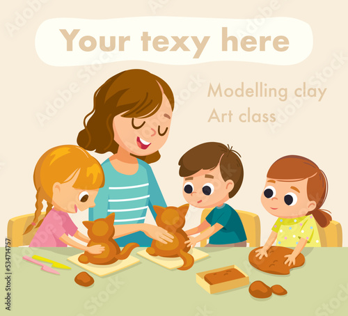 Teacher and kids sculpting, creating handmade DIY with modeling clay. Creative Arts and Crafts Classes. After School Activities. Woman teaches children. Creative children learn to do handicrafts.,