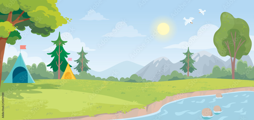 Tents stand on lawn near river bank in an outdoor area. Impromptu campsite, camping pitch, campground in natural park, big wild valley, countryside.