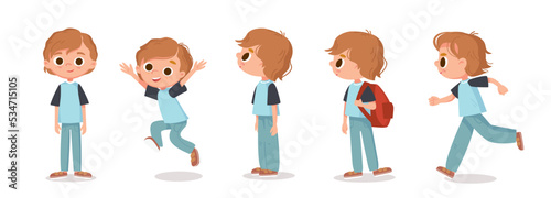 Vector set. Little boy with big eyes and long brown red hair in various poses. Standing, jumping and walking. Cartoon characters.
