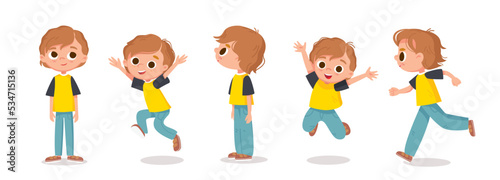 Vector set. Little boy with big eyes and long brown red hair in various poses. Standing, jumping and walking. Cartoon characters.