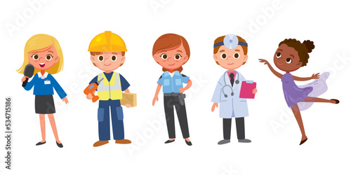 Group, set of characters of different jobs and occupations. Collection of male and female employee, workers, professionals in the uniform. Different type professions set.
