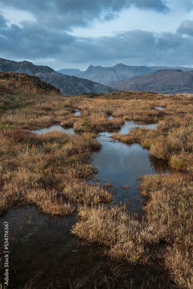 Majestic landscape image of stunning Autumn sunset light across Langdale Pikes looking from Holme Fell in Lake District