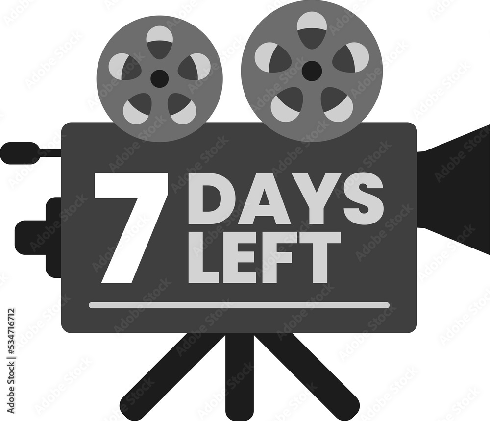 7 days left launching countdown on monochrome old classic movie film projector icon
