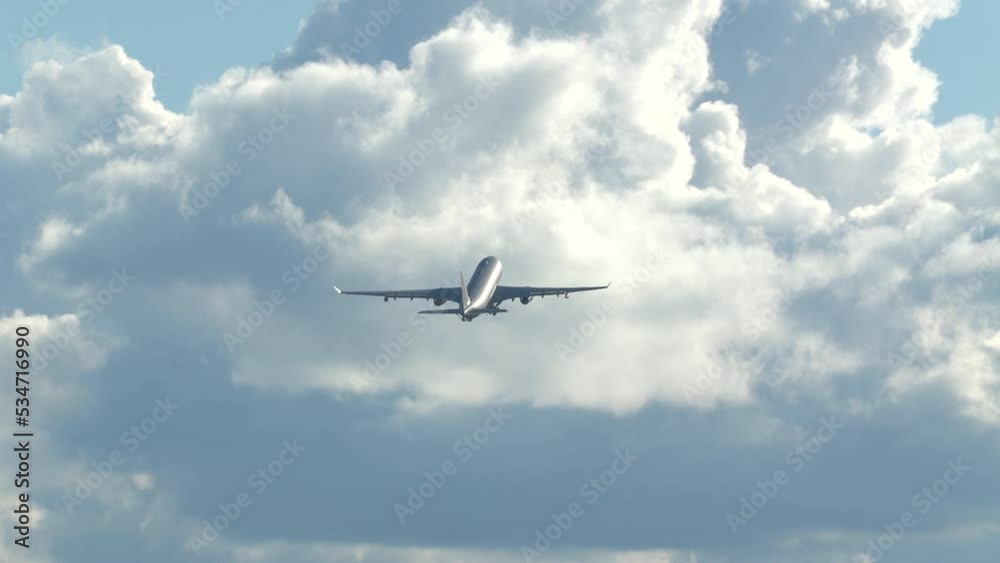 airplane take off distant clouds sunny day airplane take off distant clouds sunny day