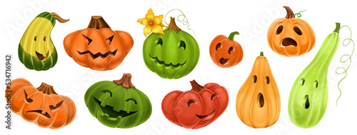 Digital illustration. Pumpkin clip art. Ten pumpkins of different shapes and colors. For Halloween decoration.