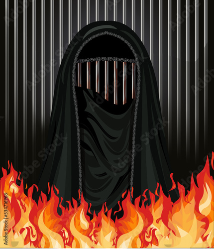 Burka is like a prison. Fire muslim woman in burqa metal bars, background vector illustration