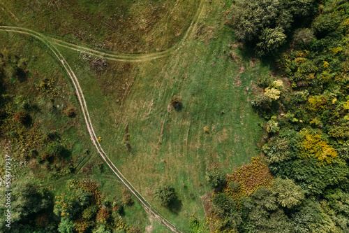Aerial top down view of the empty country road between green and yellow grass near the forest. Drone shot of a country road on the autumn hill.