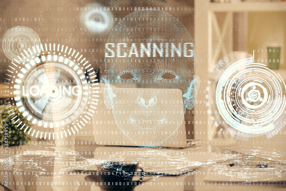 Double exposure of data theme drawing and office interior background. Concept of technology. Double exposure of data theme drawing and office interior background. Concept of technology.