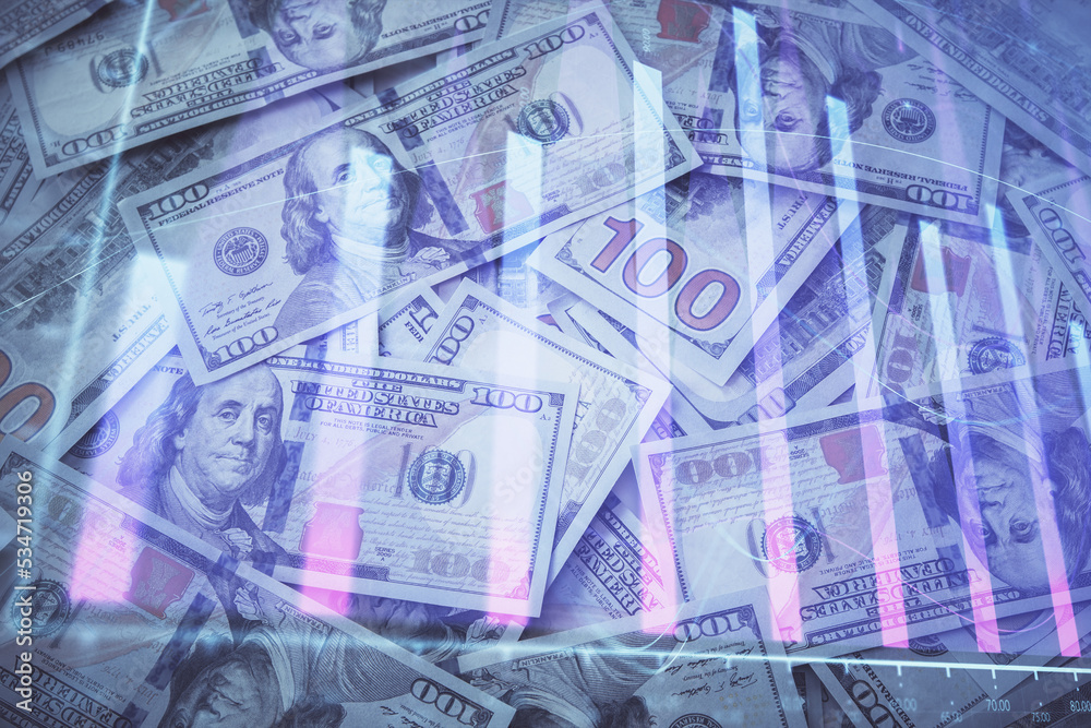 Double exposure of forex graph drawing over us dollars bill background. Concept of financial markets. Double exposure of forex graph drawing over us dollars bill background. Concept of financial markets.