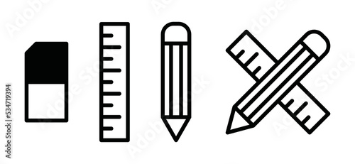 pencil, ruler and eraser icon vector set. Crossed pencil or pen with ruler sign symbol illustration