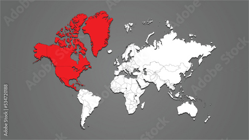 north america continent or country highlighted in red on world map 3d vector
