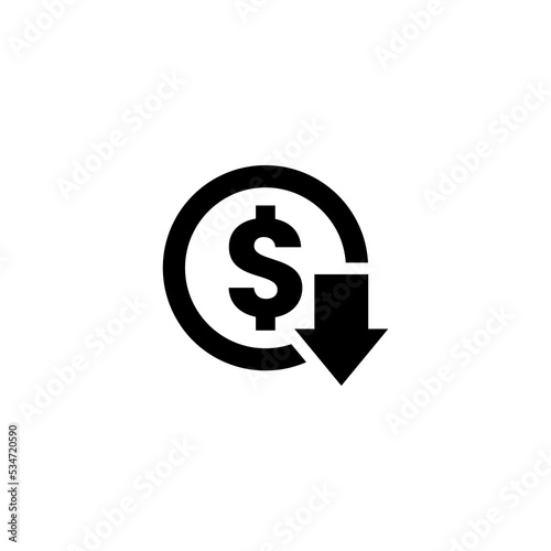 Dollar Down Icon Vector Or Dollar Down Sign Vector On White Background. Dollar down icon symbol vector. on white background. The dollar symbol is decreasing.