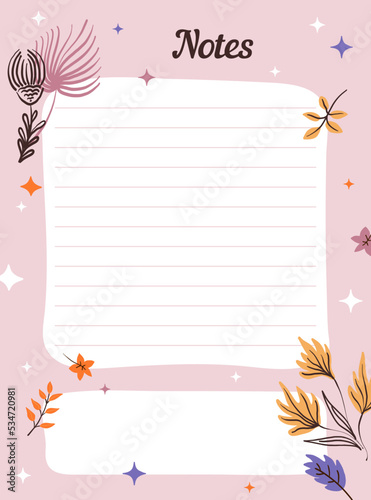 Cute autumn diary page template with lines for notes. Notebook, planner paper sheet design for girls. Blank to do list for notepad with fall leaves and flowers. Color flat vector illustration