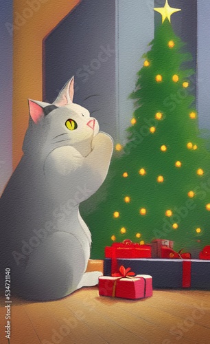 Cute Christmas cat with new year holiday interior on background, cartoon illustration