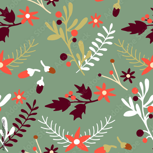 Christmas foliage seamless pattern background. Winter leaves, mistletoe flowers, fir branches texture for wrapping paper, holiday decoration, christmas textile print. Vector Xmas repeat illustration