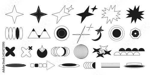 Abstract y2k bling retro elements, brutalism futuristic shapes, geometric forms. Trendy graphic objects for logo, icon, modern poster collage. Black 2d vector illustration isolated on white background