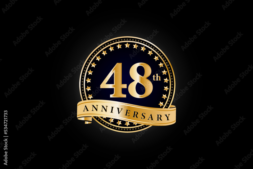 48th anniversary golden gold logo with gold ring and ribbon isolated on black background, vector design for celebration. 48th anniversary golden gold logo with gold ring and ribbon isolated on black background, vector design for celebration.