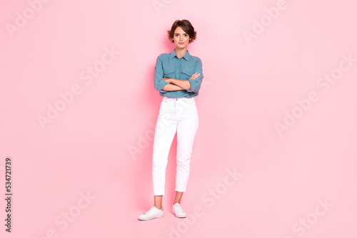 Full length photo of pretty serious lady girlfriends dressed nice trendy clothes empty space isolated on pink color background © deagreez