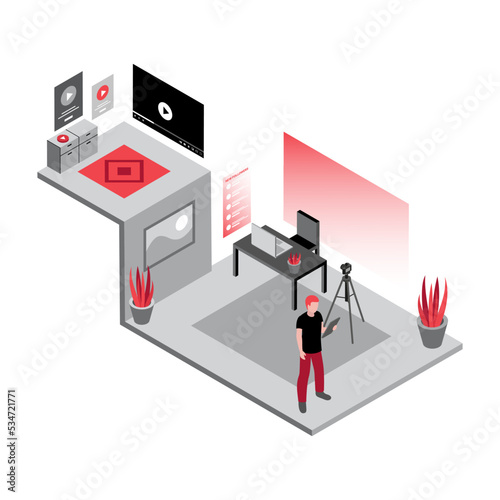 Video Blogger Illustration. Vlogging. A Man Holds a Tablet in His Hands. Workplace With a Camera on a Tripod. Vector illustration