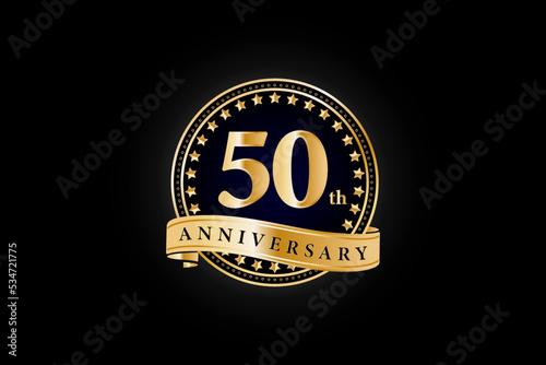 50th anniversary golden gold logo with gold ring and ribbon isolated on black background, vector design for celebration.