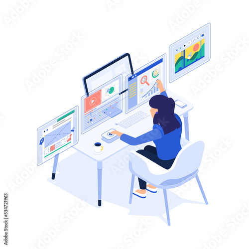 Isometric working designer character girl at the computer