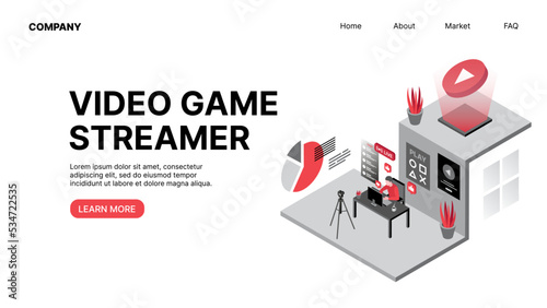 Video Game Streamer. Vlogging. Horizontal Web Landing Page. Vector illustration