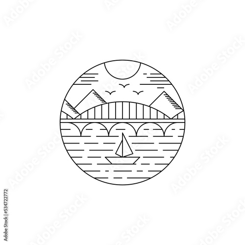 bridge with mountain and sailboat in line art style logo design. bridge badge line art logo