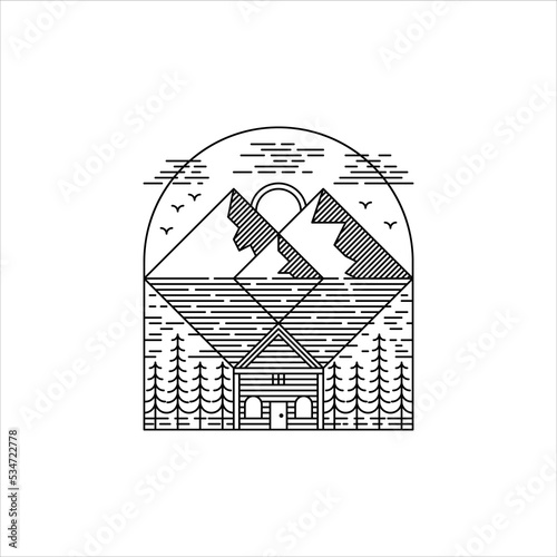 cottage with mountain, river and pine tree in line art style logo design. cabin logo design