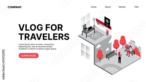 Vlog for Travelers. Vlogging. Horizontal Web Landing Page. Vector illustration