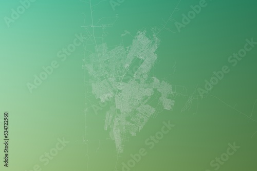 Map of the streets of Nouakchott  Mauritania  made with white lines on yellowish green gradient background. Top view. 3d render  illustration