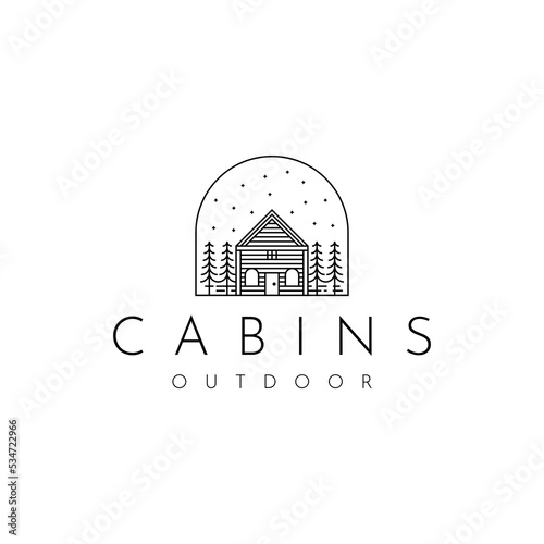 wooden cabin minimalist logo design. cottage with star and pine trees logo