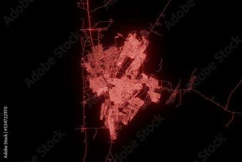 Street map of Nouakchott (Mauritania) made with red illumination and glow effect. Top view on roads network. 3d render, illustration
