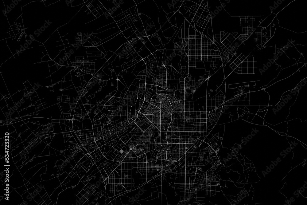 Stylized map of the streets of Changchun (China) made with white lines on black background. Top view. 3d render, illustration