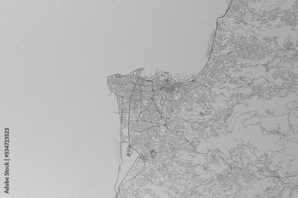 Naklejka premium Map of the streets of Beirut (Lebanon) made with black lines on grey paper. Top view. 3d render, illustration