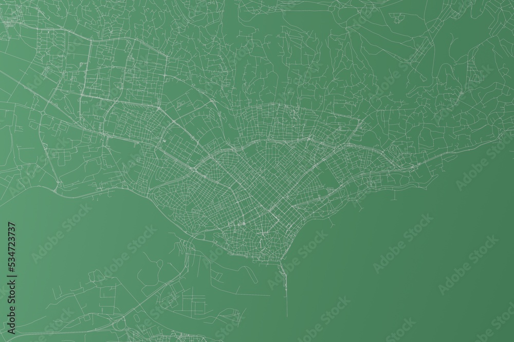 Stylized map of the streets of Varna (Bulgaria) made with white lines on green background. Top view. 3d render, illustration - obrazy, fototapety, plakaty 