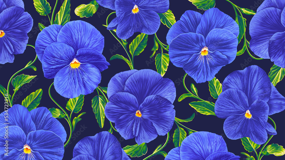 Botanical, plant, floral backgrounds. Realistic Pansies blue flowers with leaves. Detailed illustration for wrapping paper, cards, wrapping, textile design, clothing, cosmetics, social media