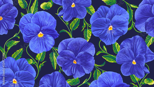 Botanical, plant, floral backgrounds. Realistic Pansies blue flowers with leaves. Detailed illustration for wrapping paper, cards, wrapping, textile design, clothing, cosmetics, social media
