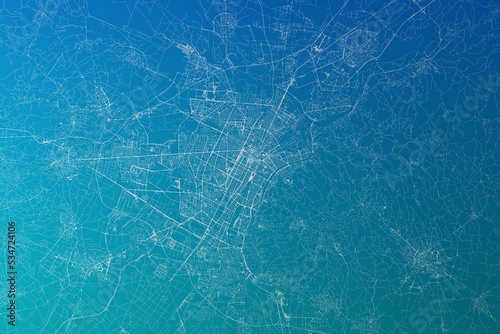 Map of the streets of Turin (Italy) made with white lines on greenish blue gradient background. 3d render, illustration