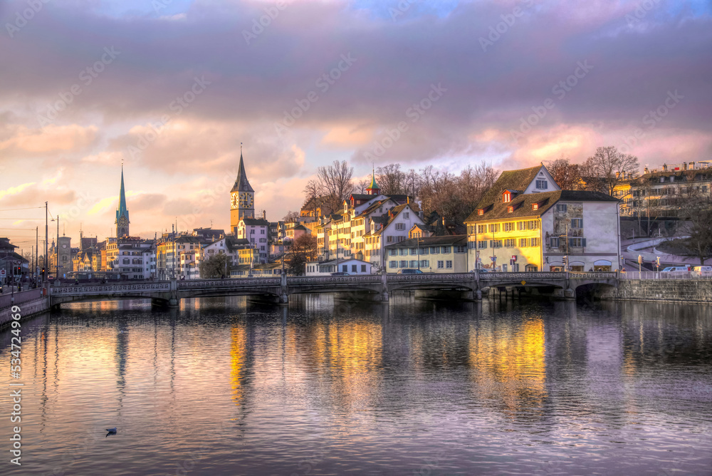 Early morning Zurich by the limmat river