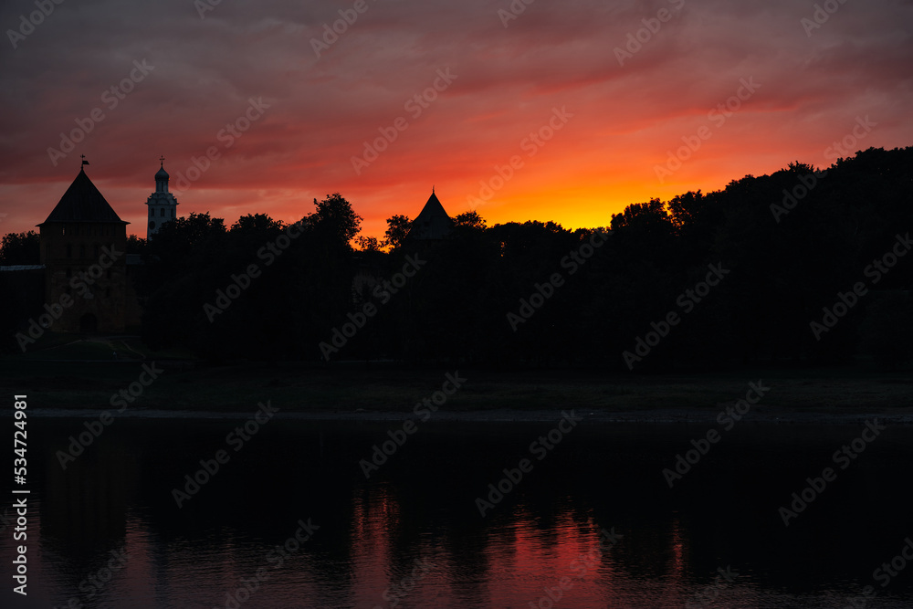 Veliky Novgorod city at sunset. Kremlin Detinets