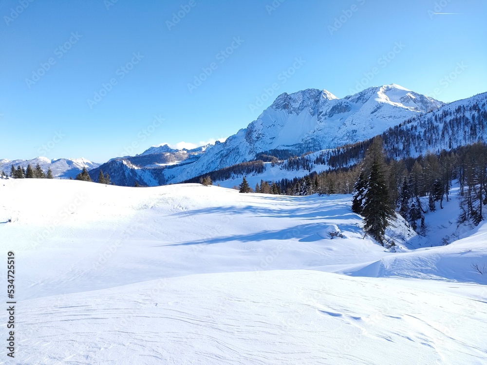 winter landscape with snow on the mountains in Sella di Razzo on the Dolomites