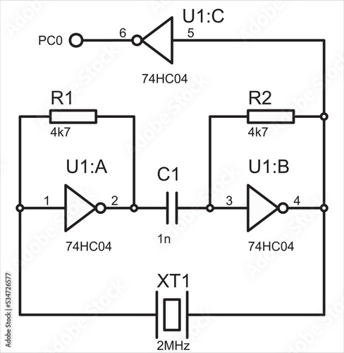Vector electrical circuit with resistor, capacitor, logic element (inverter). 
Electrical schematic diagram.
Electrical diagram for laboratory work on electronics or radio engineering.