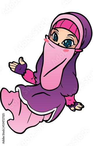 Hijab Niqab jilbab Cute Muslim Girl Character Sitting