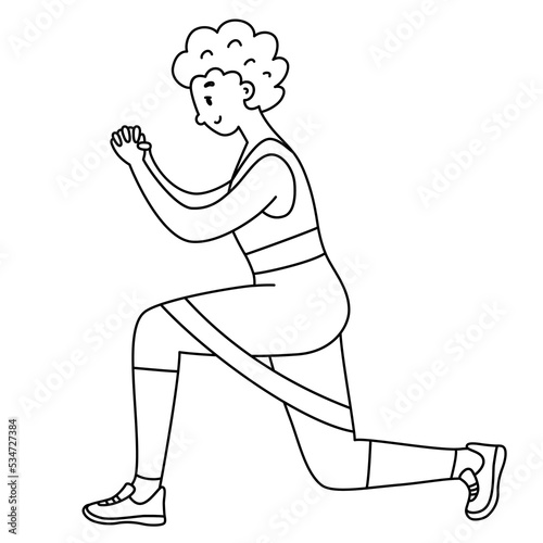 Black girl working out, doodle icon of exercise with resistance band, african woman training in gym, lunges fitness exercises, vector illustration of sport at home, healthy lifestyle, outline clipart