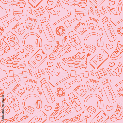 Seamless pattern of sport equipment for women, vector doodle ornament of running and fitness accessories icons, outline illustrations of sneakers, sports bra, bottle, vector pattern on pink background